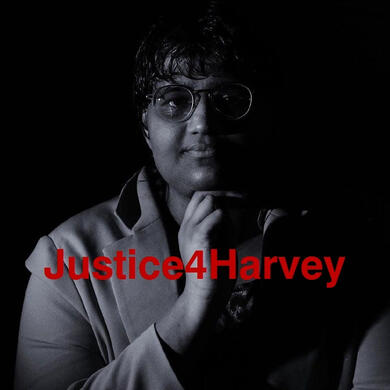 Black and white image of Harvey. She is wearing spectacles, and is resting her chin on her hand. Red text: "Justice4Harvey".